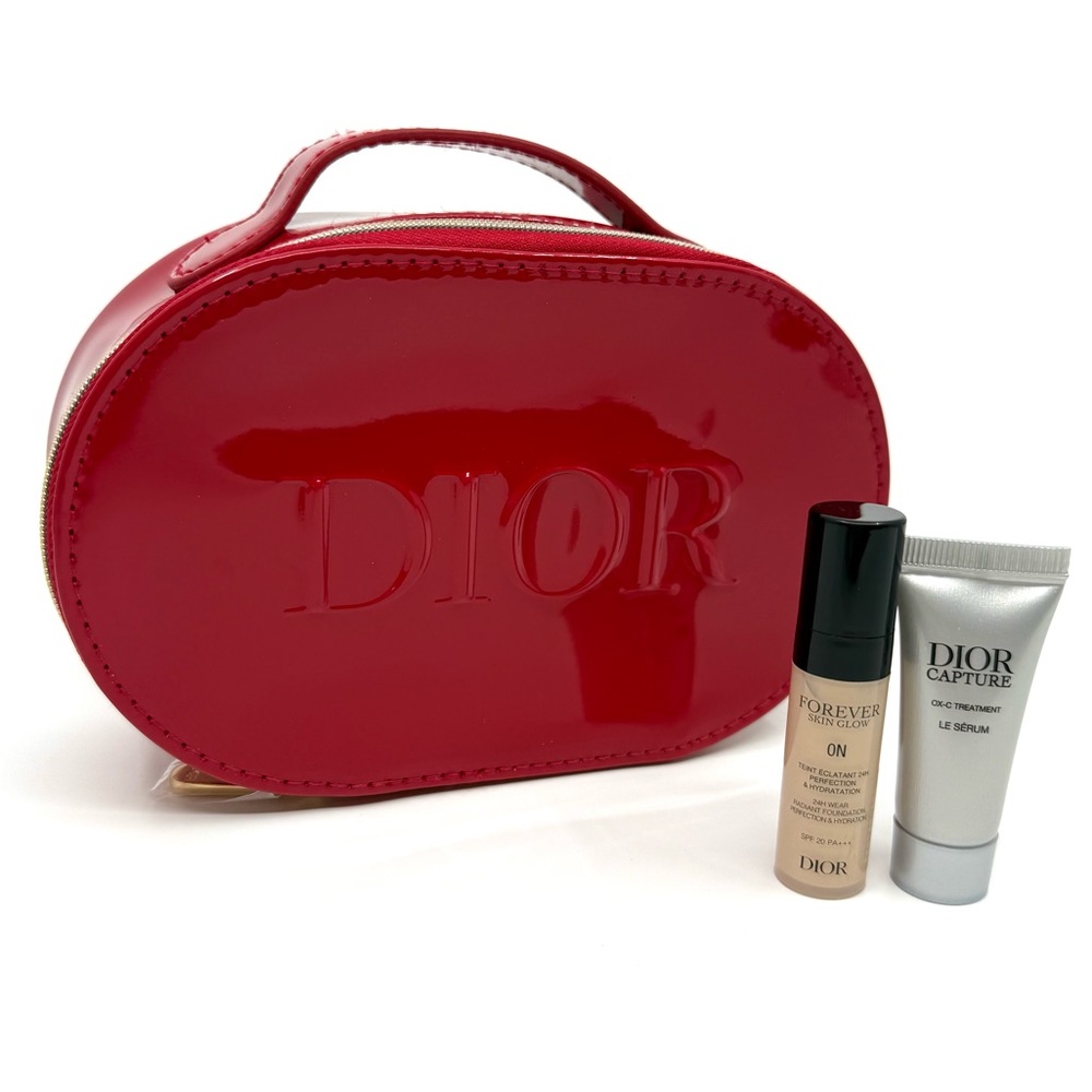 Dior Red Makeup Bag with Handle Patent Zipper Capture Serum Forever Skin Glow